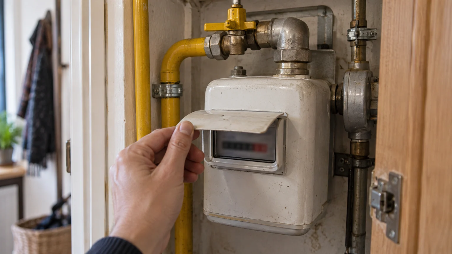 Facture de gaz et hausse possible en 2026 — compteur domestique, conduite jaune et main relevant un index volontairement illisible.