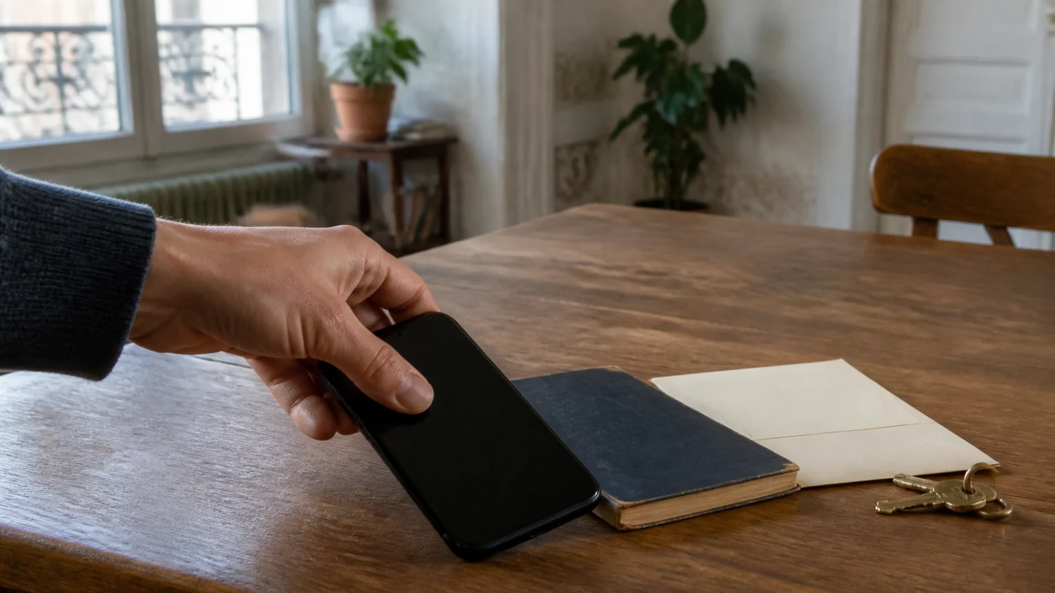 Faux conseillers et fonds oubliés — une main retourne un téléphone noir sur une table, près d'un ancien livret et d'une enveloppe vierge.