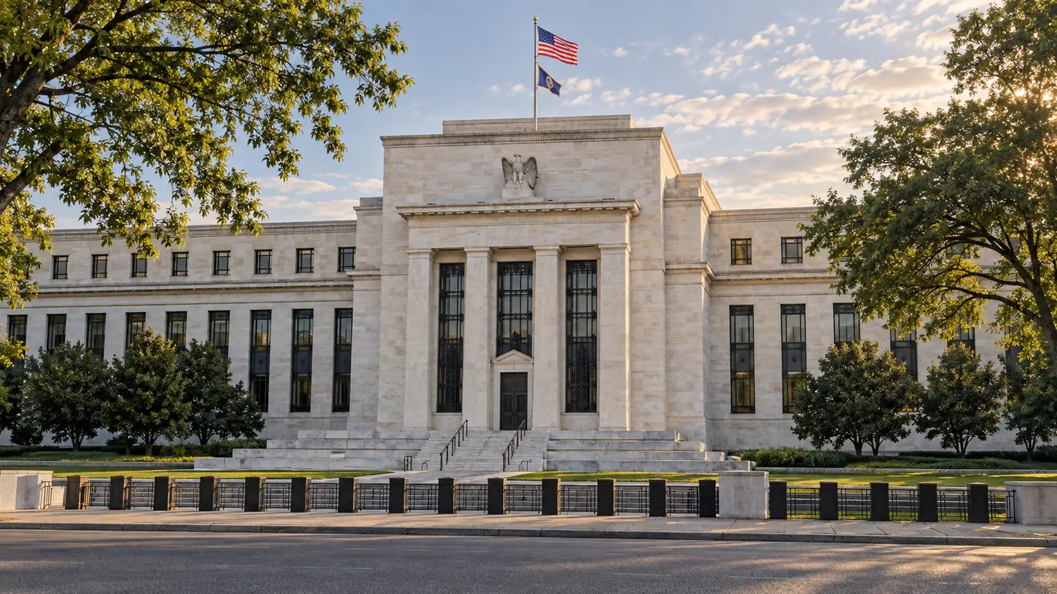 Fed relève le taux directeur — façade institutionnelle américaine en pierre claire, encadrée d’arbres et de drapeaux sous la lumière de fin de journée.