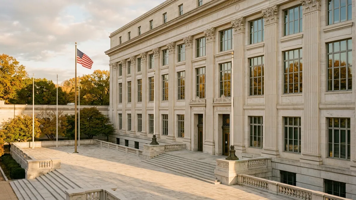 Taux directeurs de la Réserve fédérale américaine — façade en pierre du bâtiment Eccles à Washington au soleil couchant, colonnes sculptées et drapeau américain.