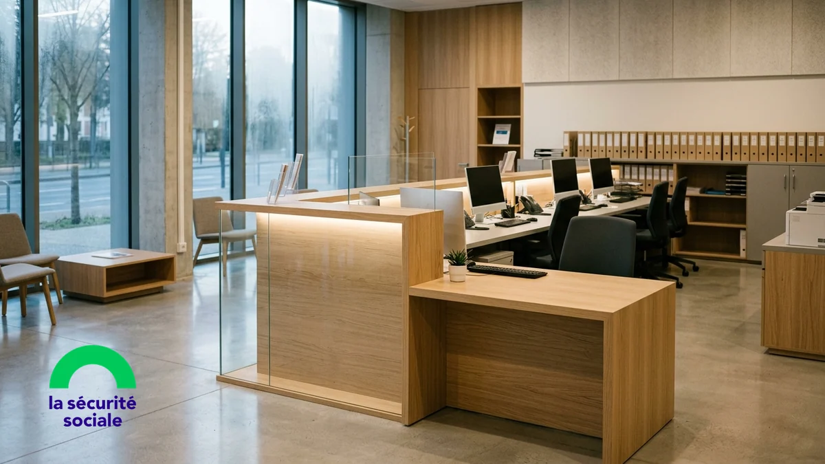 Sécurité sociale et régimes délégués des fonctionnaires — hall d'accueil vitré d'une caisse d'assurance maladie en France avec guichet en bois et postes de travail au petit matin.
