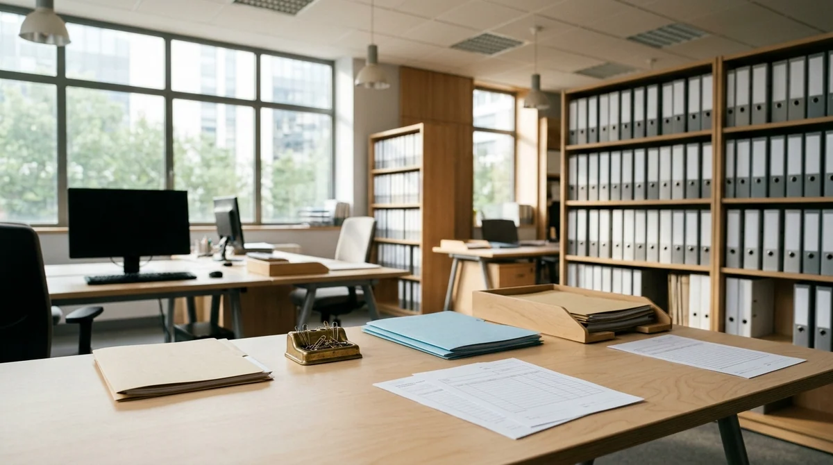Gestion des dossiers d'assurance maladie pour les agents de l'État — bureau tertiaire avec chemises cartonnées, bannettes de classement et postes informatiques de liquidation de soins.