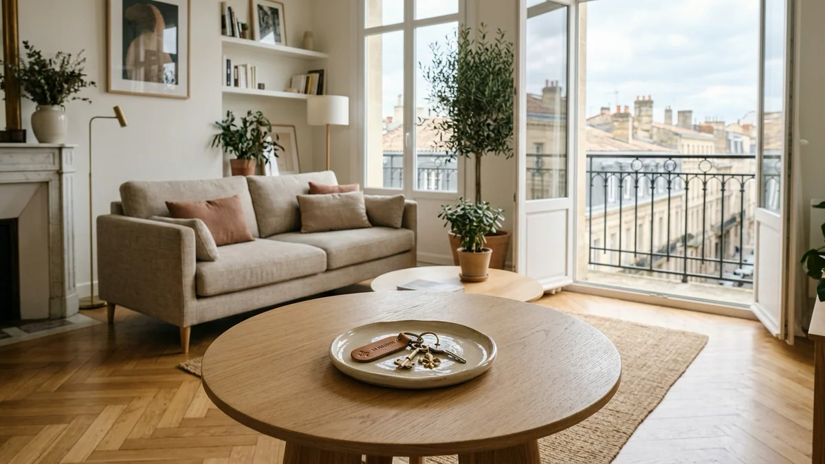 Seuils fiscaux des meublés de tourisme Airbnb — salon lumineux avec parquet en chevrons, clés d'appartement sur une table basse et balcon ouvert sur des toits en zinc.
