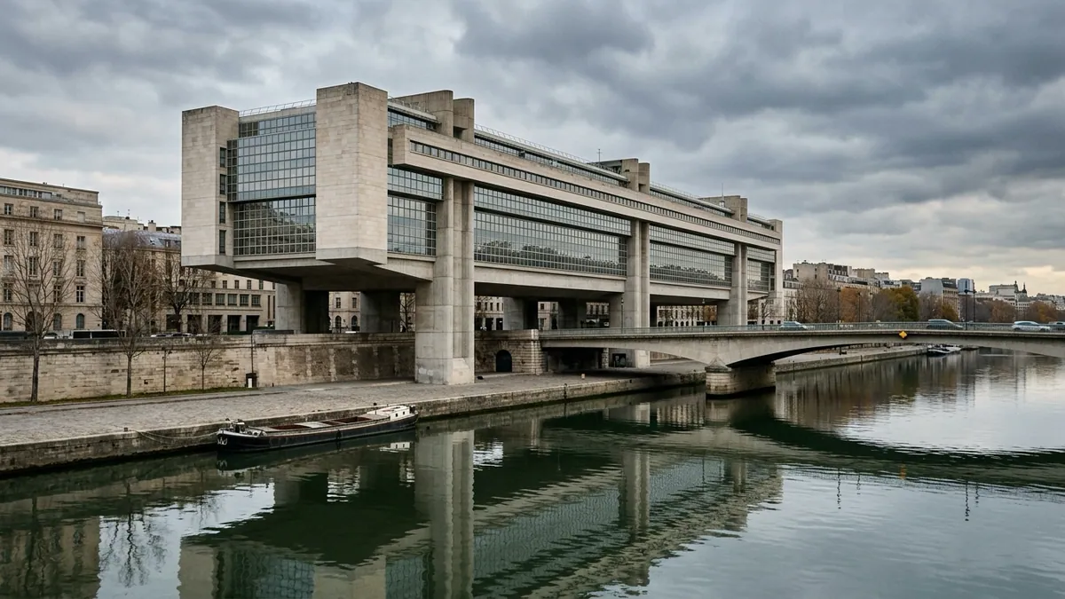 Note de la dette de la France dégradée — façade monumentale du ministère de l'Économie et des Finances à Bercy bordant la Seine sous une lumière d'automne.