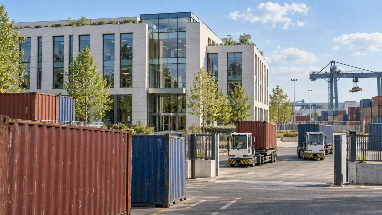 Dividendes français et Bolloré — façade de bureaux et conteneurs logistiques avec véhicules en mouvement, sous une lumière de fin de printemps.