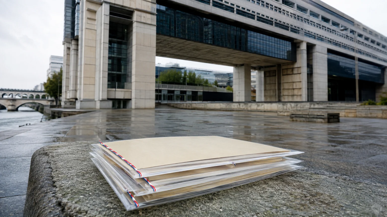 France emprunte par obligations d’État — dossiers de financement sans texte sur le parvis humide du ministère de l’Économie à Bercy.