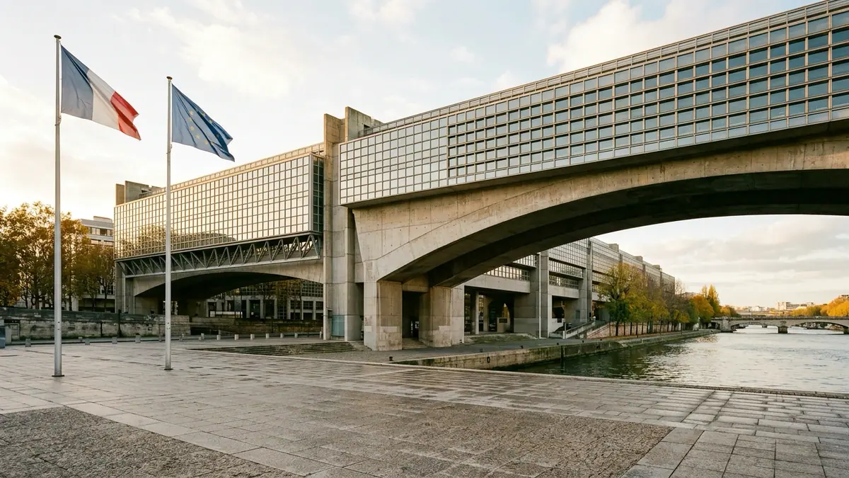 Niveau record d'emprunt de l'État — façade en béton et verre du ministère de l'Économie à Bercy en bord de Seine, drapeaux tricolore et européen sous une lumière d'automne.
