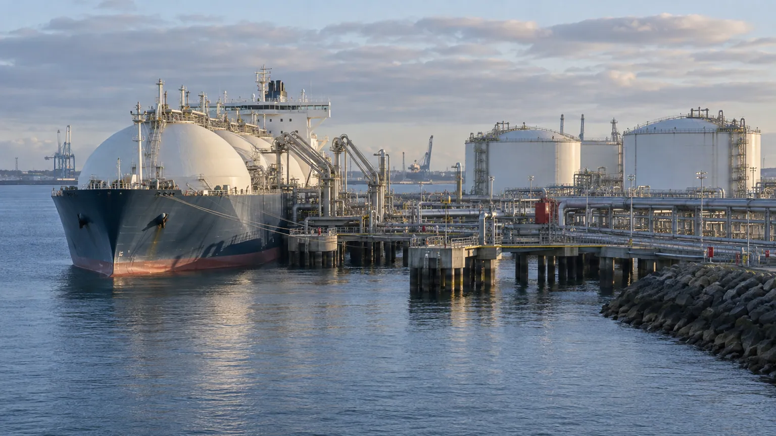 Gaz européen et marché de gros — méthanier accosté à un terminal, bras de déchargement raccordés, cuves blanches et canalisations au petit matin.