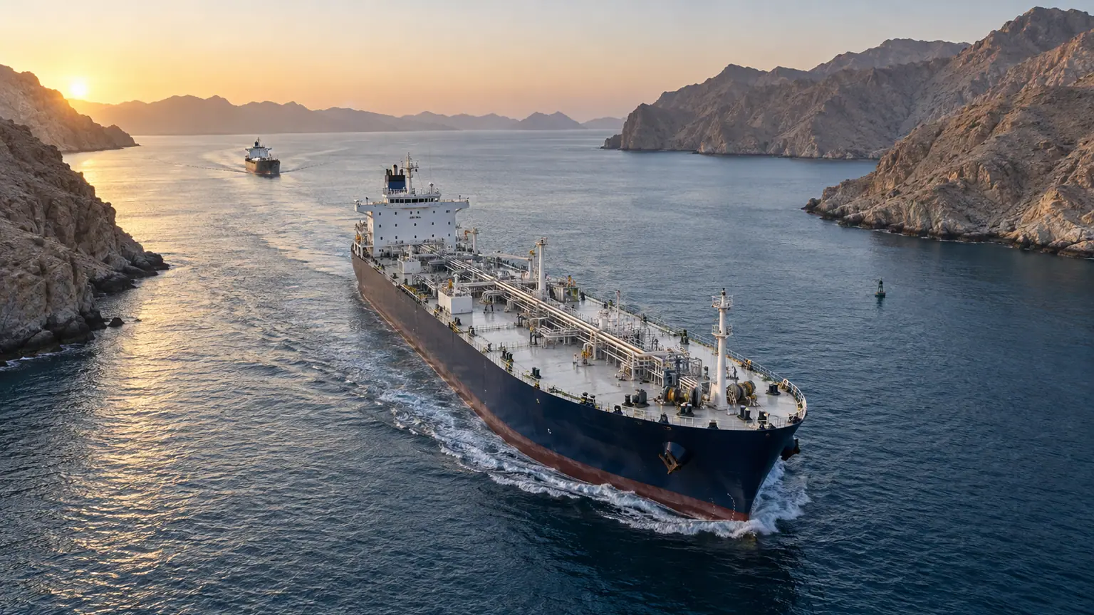 Gazole sous tension à Ormuz — pétrolier de produits raffinés naviguant entre des reliefs désertiques, avec un second cargo au loin.