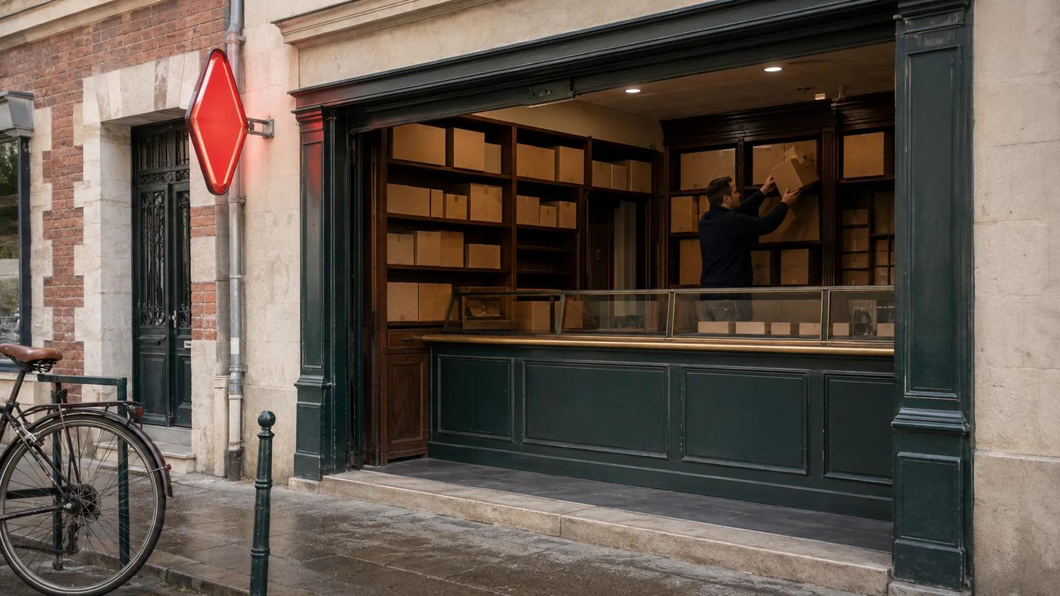 Gel fiscalité du tabac demandé par les buralistes — devanture d'un débit français, carotte rouge et commerçant rangeant des cartons neutres.