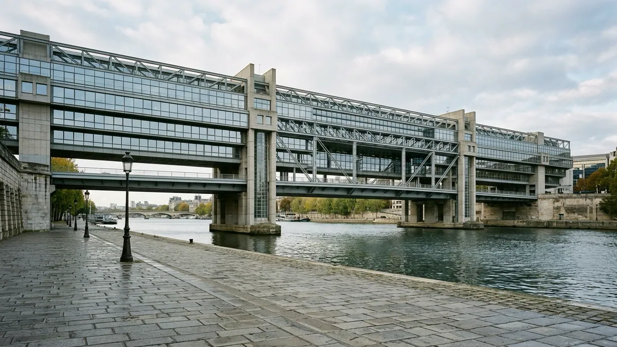 Projet de gel des retraites de base — façade vitrée et piliers de béton du ministère de l’Économie et des Finances à Paris Bercy, quai pavé et reflets sur la Seine.