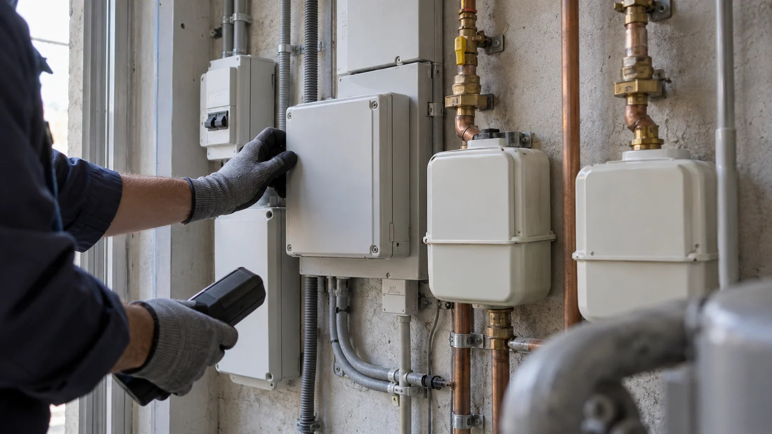 Tarif agent de l’énergie — coffrets électriques et compteurs de gaz sur un mur technique, contrôlés par les mains gantées d’un technicien.