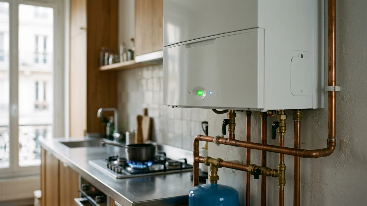 Hausse du prix repère du gaz pour les ménages — chaudière murale moderne dans une cuisine domestique, tuyauterie en cuivre et flamme bleue sur la cuisinière.