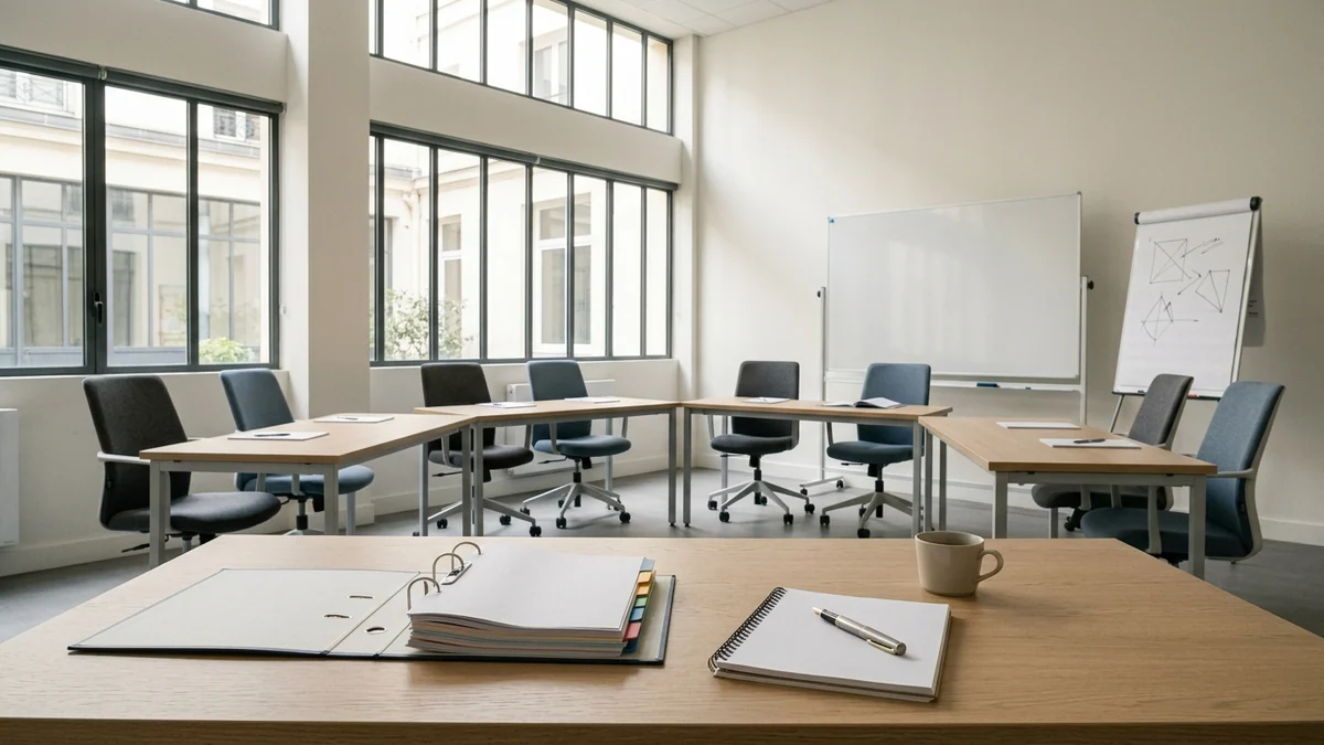 Reste à charge du CPF en formation professionnelle — salle de séminaire pour adultes baignée de lumière avec classeur, bloc-notes et tables modulaires.