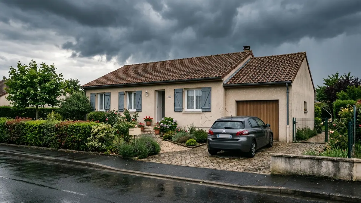 Tarifs de l'assurance habitation et automobile — pavillon résidentiel français aux murs fissurés et voiture familiale garée dans l'allée sous un ciel d'orage.