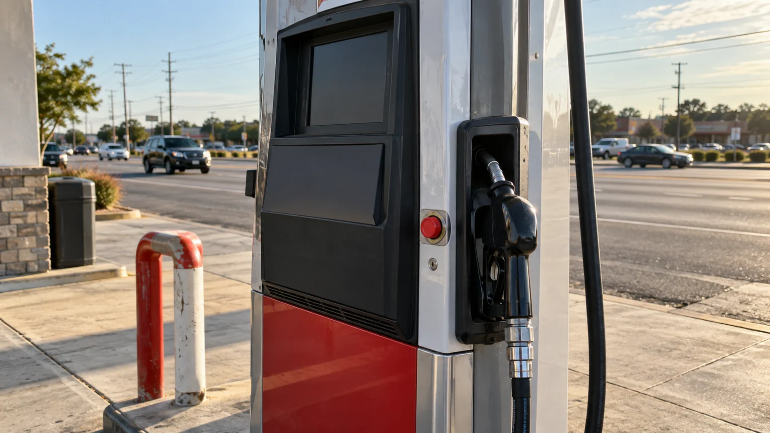 Hausse des taux américains — pompe à essence en service dans une station routière américaine, voitures floues au soleil de fin d’après-midi.