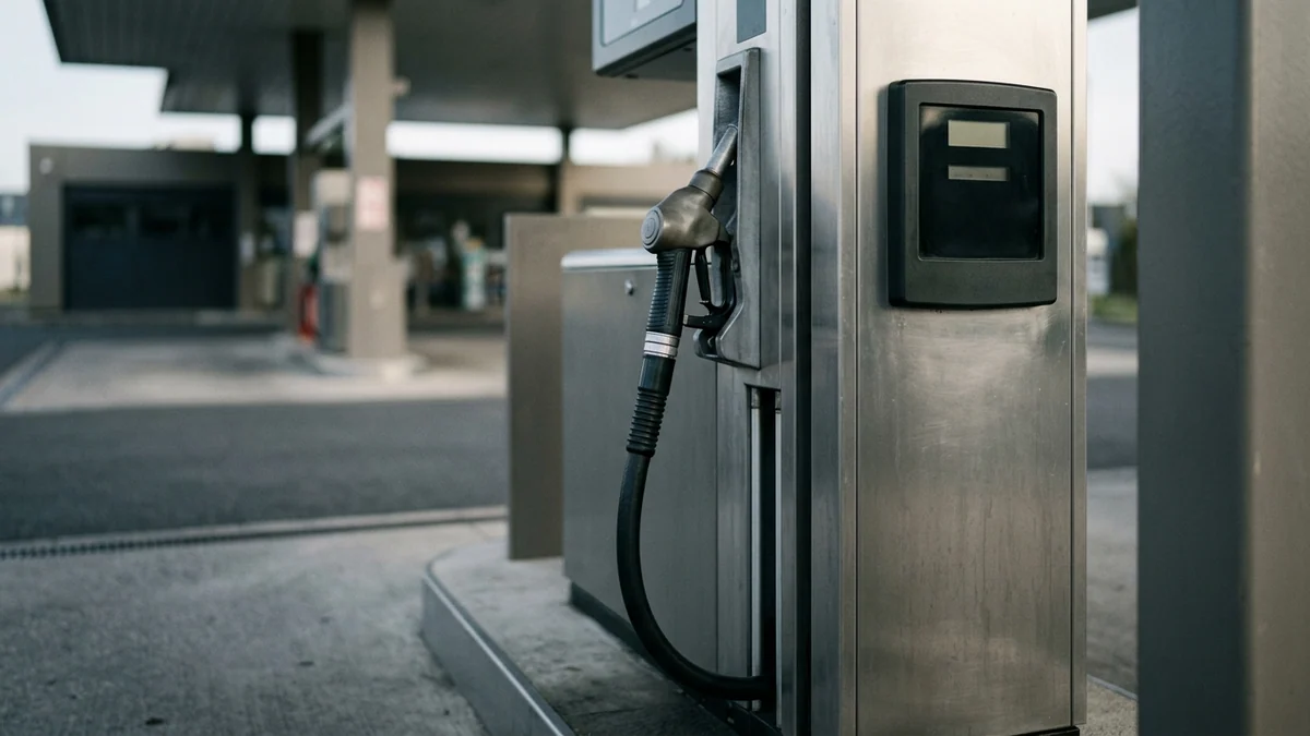 Taxes sur le gazole en France — pistolet de distribution noir reposant sur une borne métallique de station-service au petit matin.