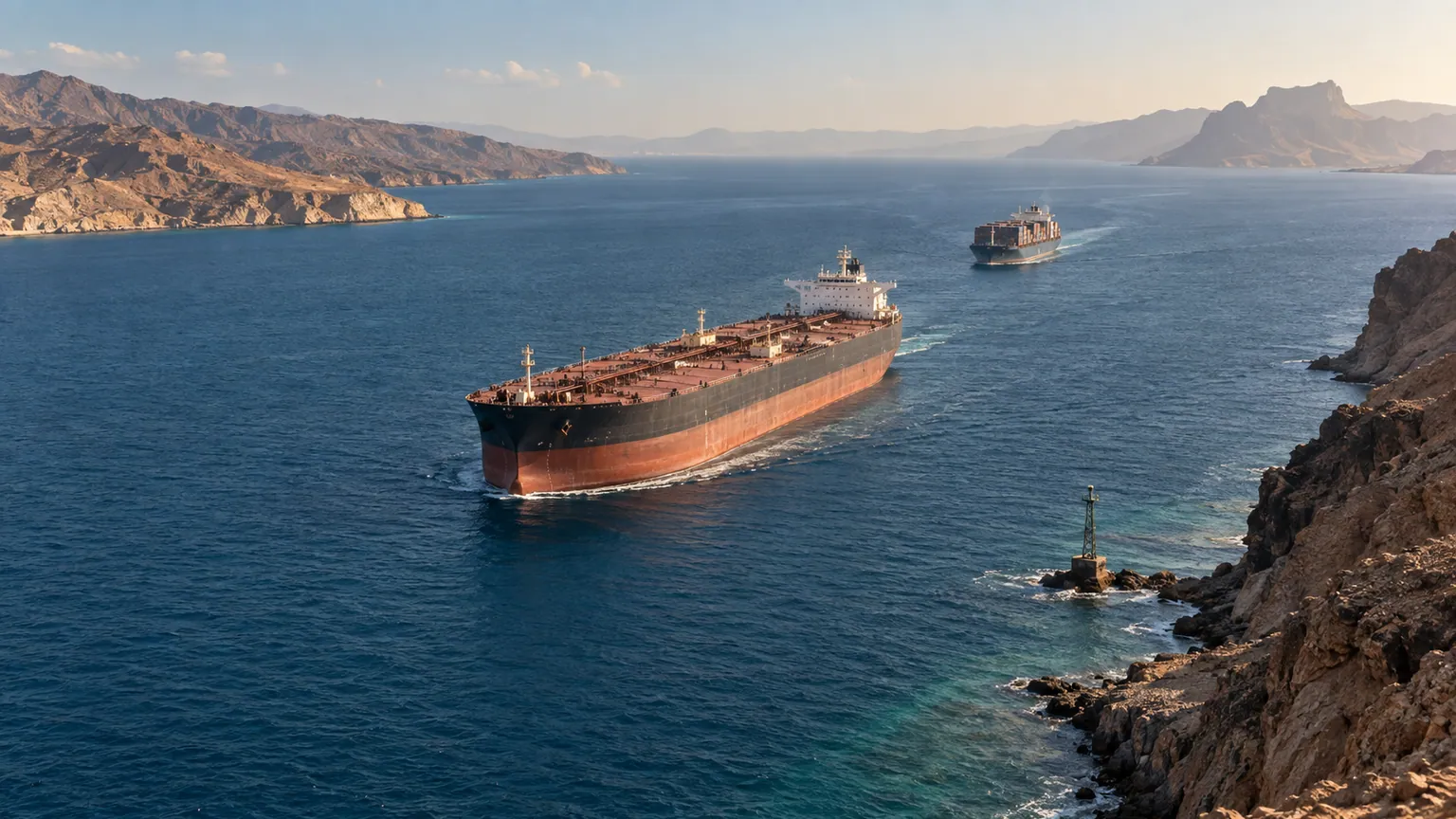 Houthis et risque maritime — pétrolier et porte-conteneurs dans le détroit rocheux de Bab el-Mandeb, sous une lumière de fin de journée.