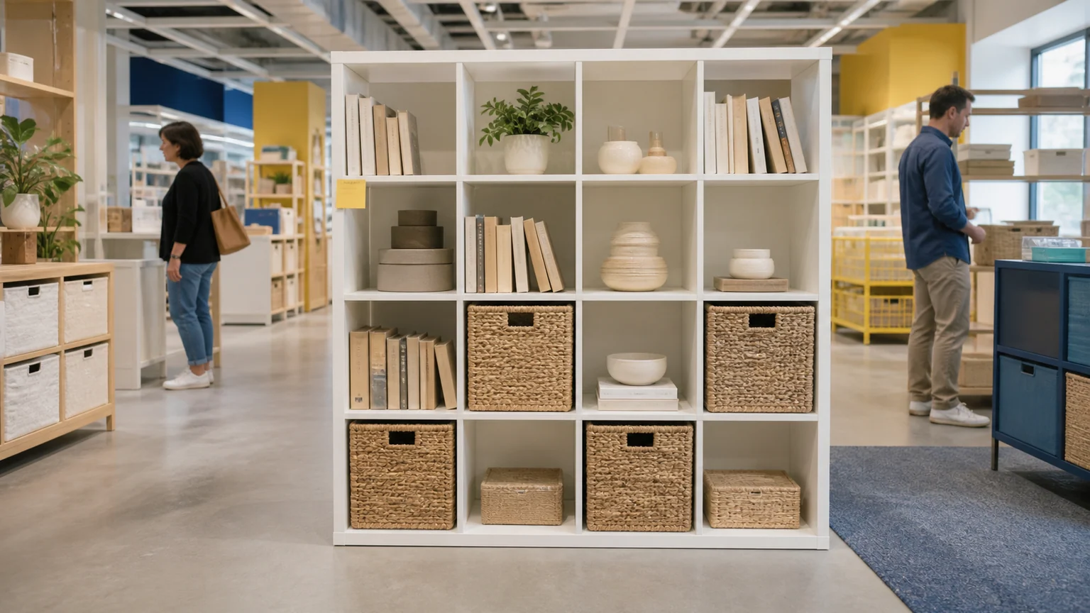IKEA — étagère KALLAX blanche au centre d’un rayon de rangement, avec clients comparant les meubles à distance.
