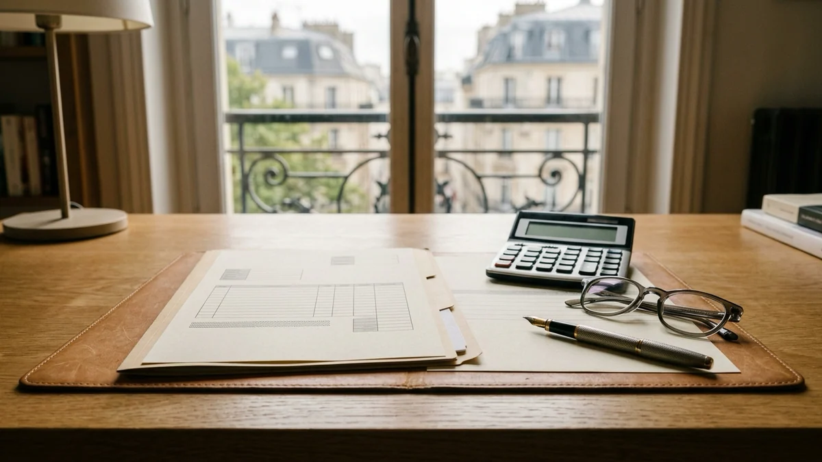 Plafond de l'impôt sur le revenu — formulaires déclaratifs et dossiers administratifs avec calculatrice et lunettes de vue sur un bureau en bois.