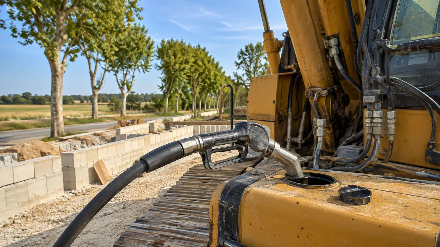 Indemnité carburant pour les grands rouleurs — pistolet de pompe et flexible remplissant le réservoir d'une pelleteuse sur un chantier français ensoleillé.