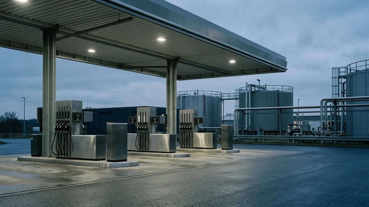 Inflation en Allemagne — pompes à carburant sous auvent métallique et cuves industrielles de stockage au crépuscule.