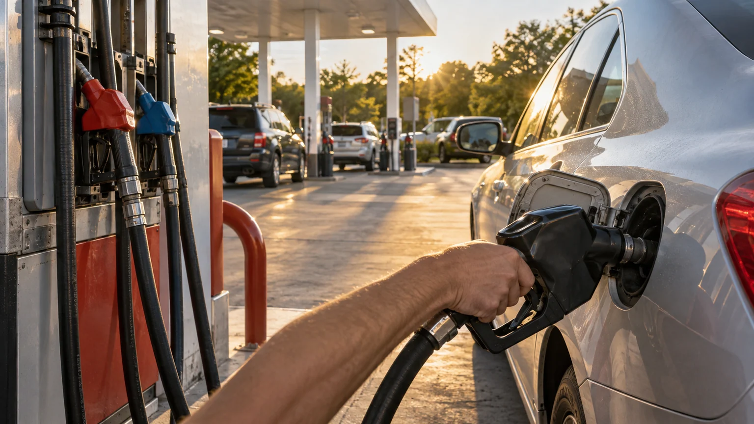 Inflation américaine en août — pistolet de pompe engagé dans une berline à une station-service américaine, au soleil de fin de journée.