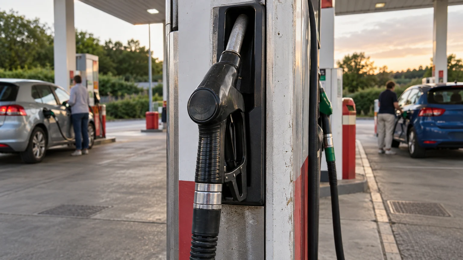 Inflation britannique liée aux carburants — pompe sans marque au premier plan d’une station-service britannique, avec deux voitures en ravitaillement sous l’auvent.