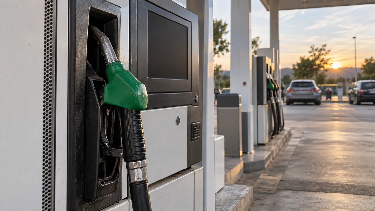 Inflation et carburants en France — pistolet de gazole rangé à une pompe dans une station-service au coucher du soleil.