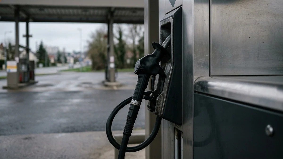 Remontée de l'inflation en France tirée par l'énergie — pistolet de distribution noir reposant sur sa borne dans une station-service au petit matin.