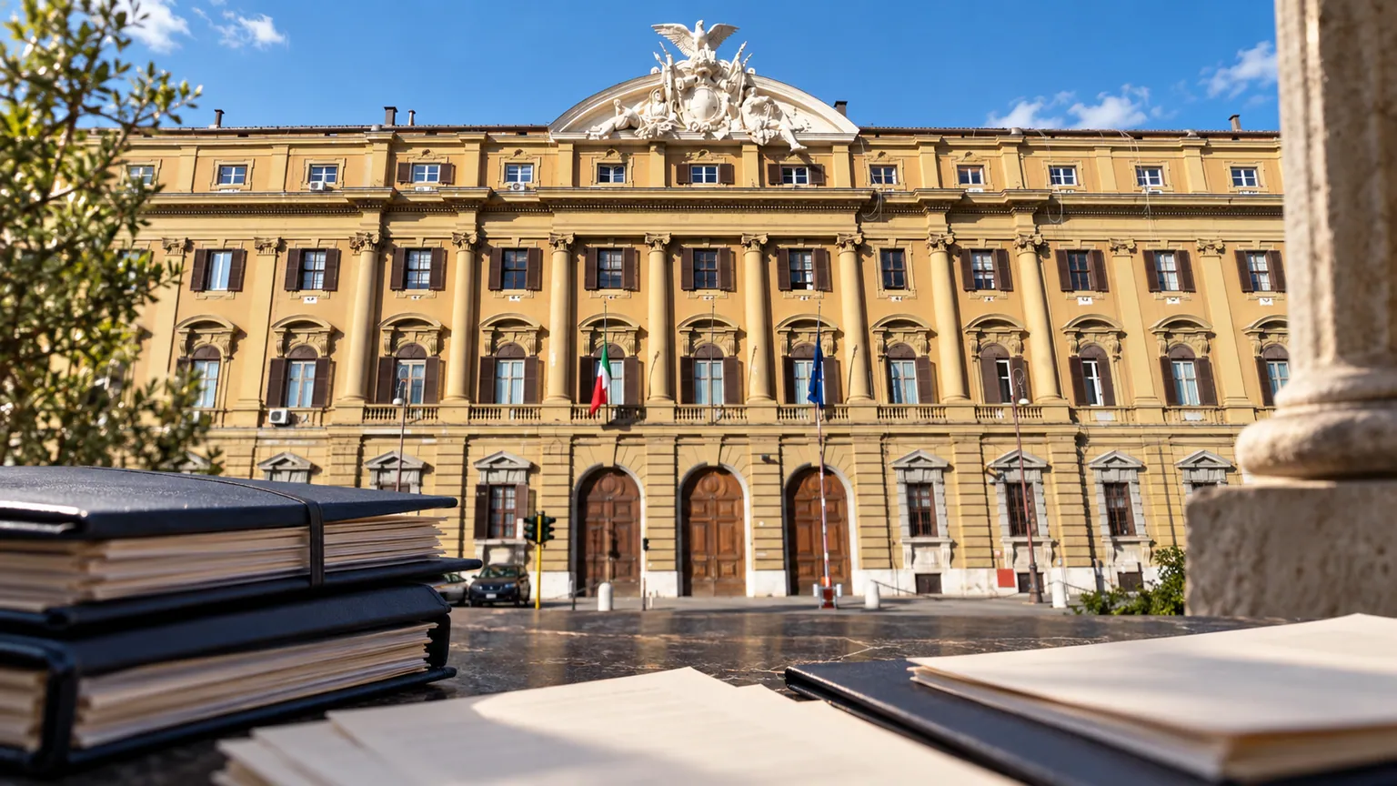 Italie : déficit public sous 3 % en 2026 — façade du Palazzo delle Finanze à Rome derrière des dossiers budgétaires posés sur une table de pierre.