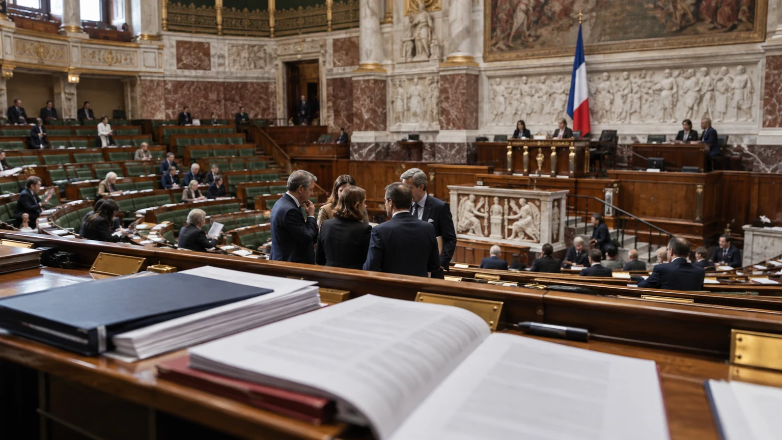 Budget 2027 de Lecornu avec les socialistes — dossiers imprimés sans texte lisible au premier plan, salle de l’Assemblée nationale et parlementaires anonymes en discussion.