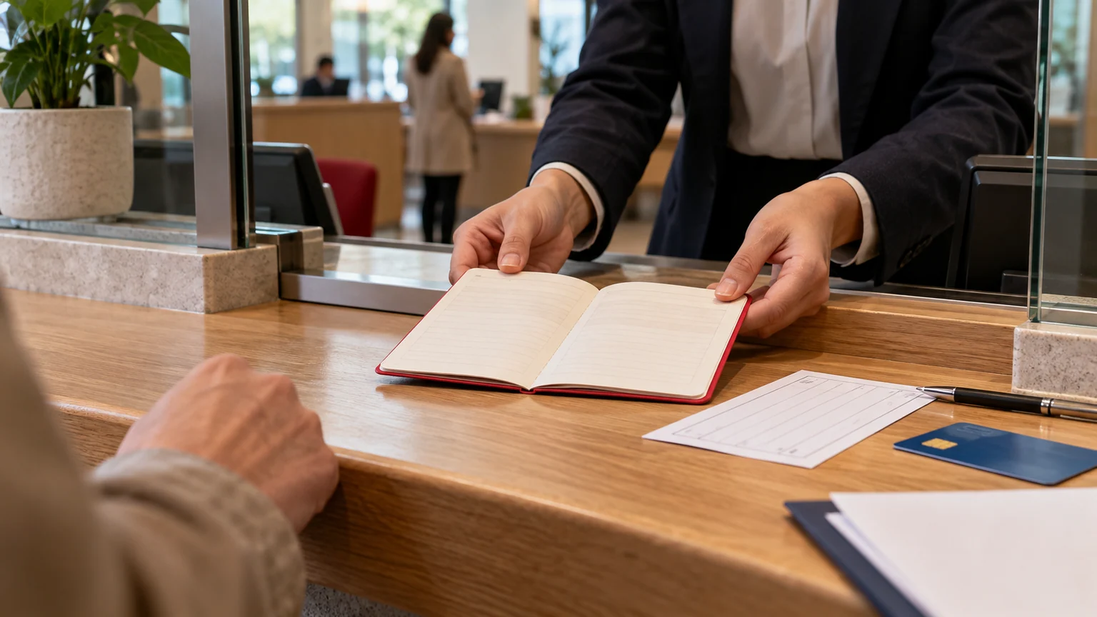 Livret A et épargne réglementée en France — guichet bancaire français, carnet rouge ouvert et formulaire de versement posé sur un comptoir en bois.