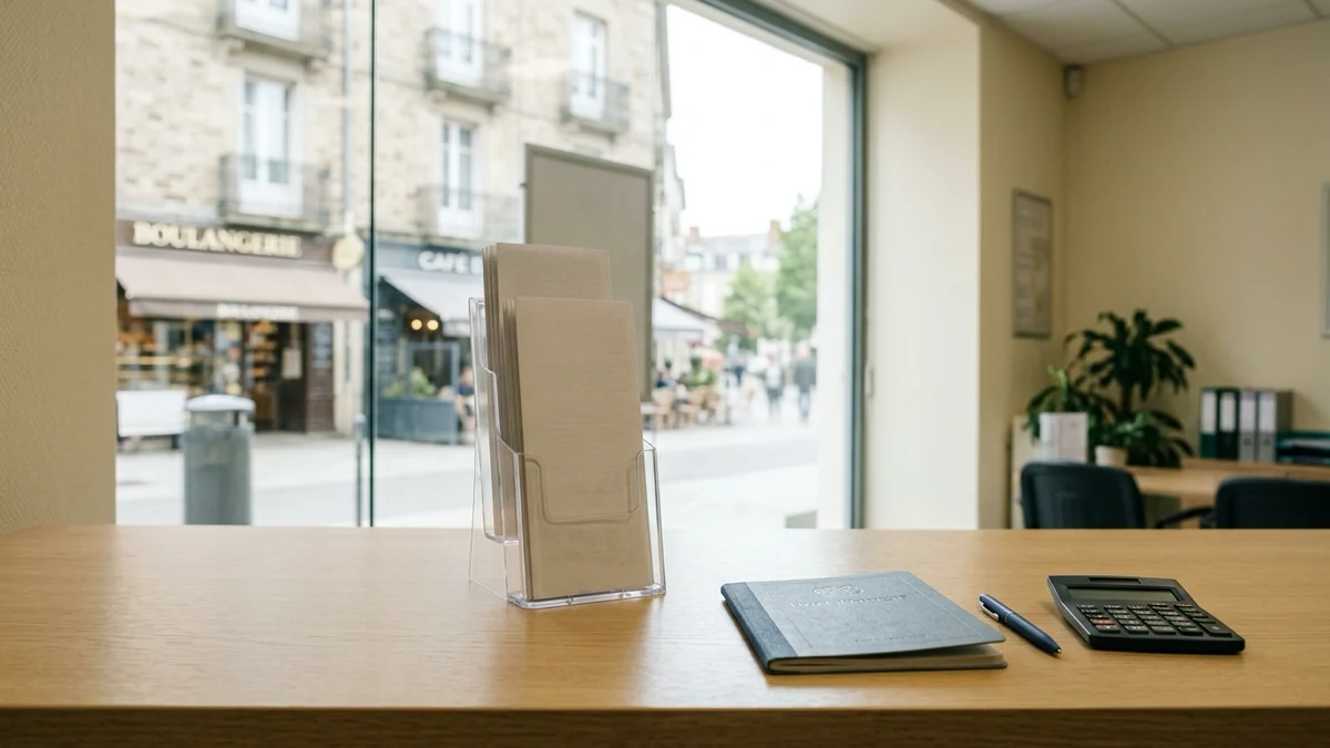 Fiscalité du Livret A et dépassement de seuil — guichet d'accueil en bois clair d'une agence bancaire française avec présentoir de dépliants, carnet fermé et calculatrice sous la lumière matinale.