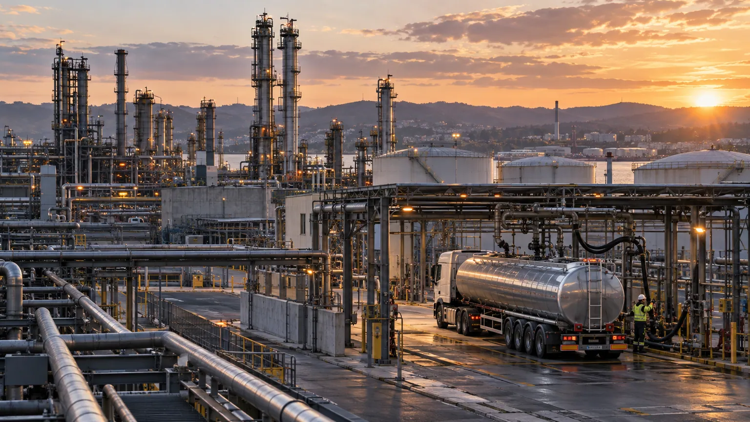 Carburants en France — raffinerie européenne en activité, colonnes de distillation, cuves et camion-citerne au chargement à la lumière du soir.