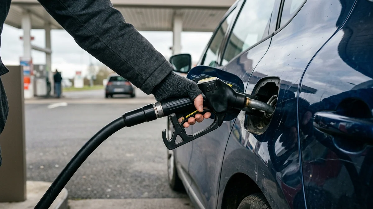 Baisse des taxes sur les carburants envisagée par l'exécutif — pistolet de distribution noir inséré dans le réservoir d'une voiture sur la piste d'une station-service.