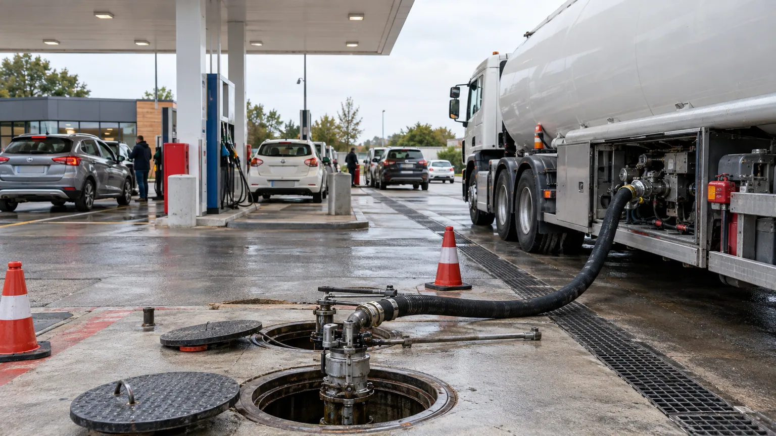Carburants demandés par Macron à Bruxelles — station-service française sous tension, camion-citerne raccordé aux cuves pendant que des automobilistes font le plein.