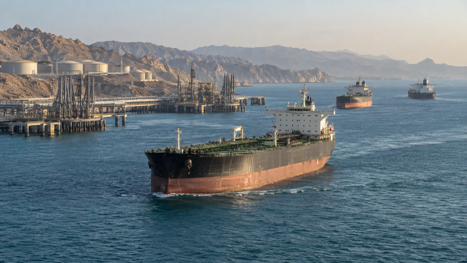 Macron et les enjeux pétroliers — terminal pétrolier et navires-citernes dans une voie maritime stratégique du golfe Persique, image éditoriale.