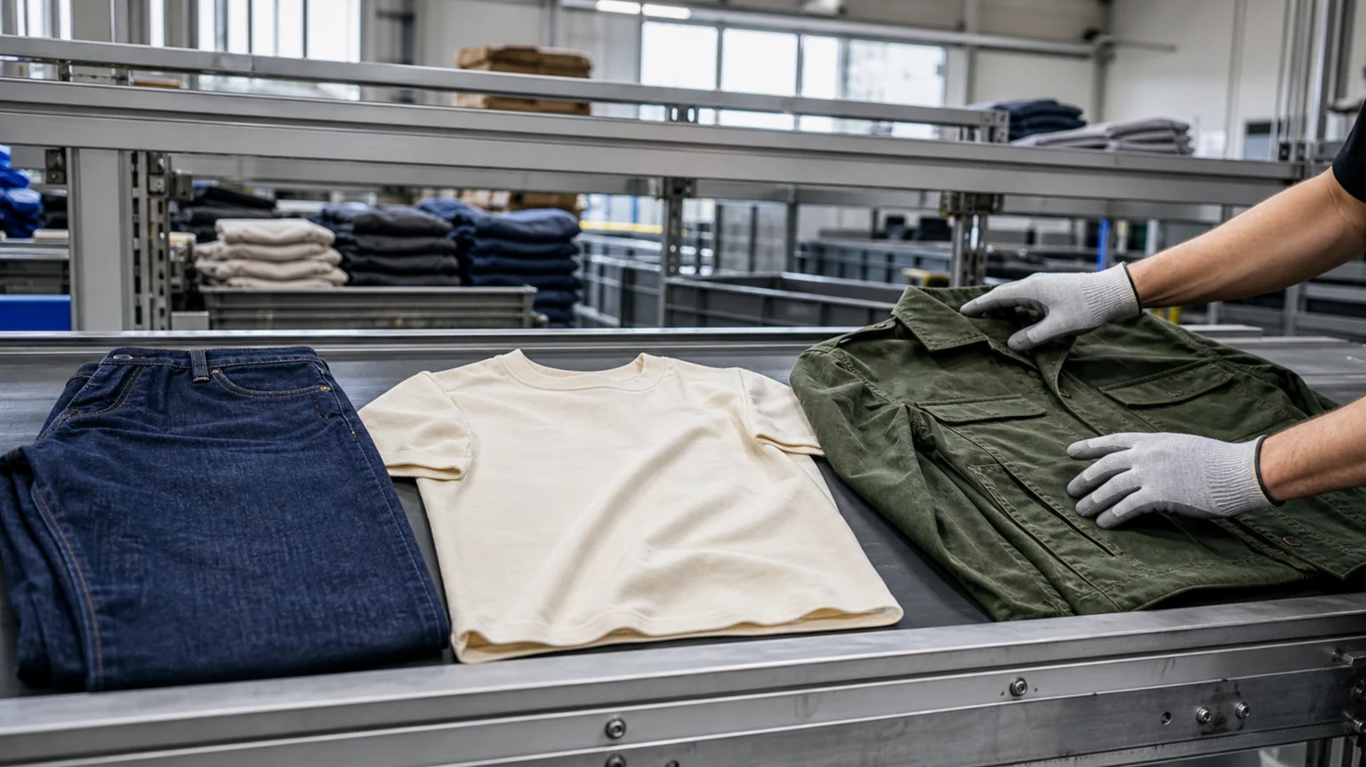Malus textile — jean, t-shirt et veste neufs sur un convoyeur de tri textile, manipulés par des mains gantées.