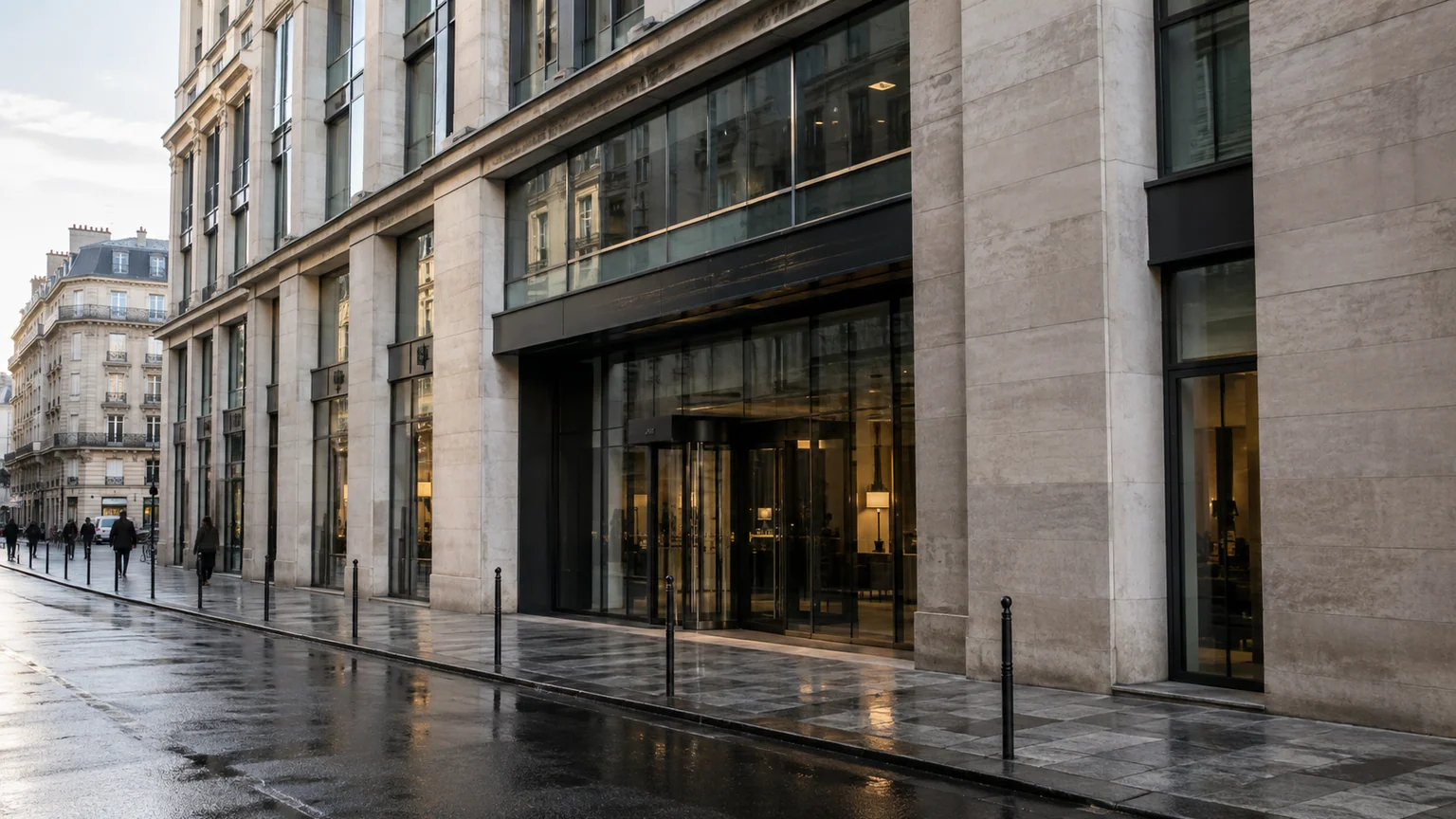 McKinsey et l’enquête fiscale — façade parisienne de bureaux de conseil au petit matin, entrée vitrée fermée et chaussée humide.