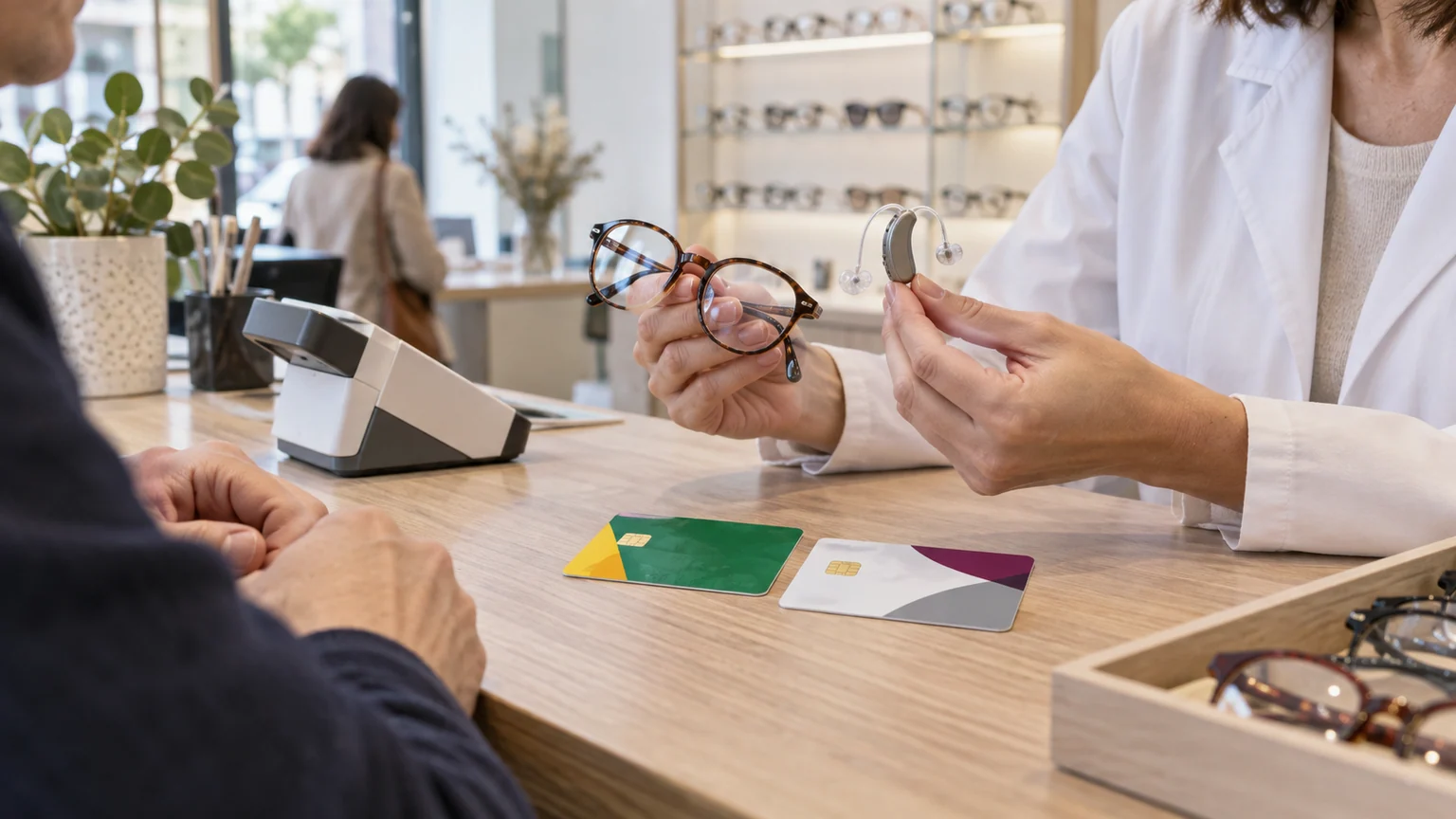 Mutuelles et remboursements de soins — Carte Vitale et carte de complémentaire sur un comptoir français, lunettes et appareil auditif examinés par un professionnel.