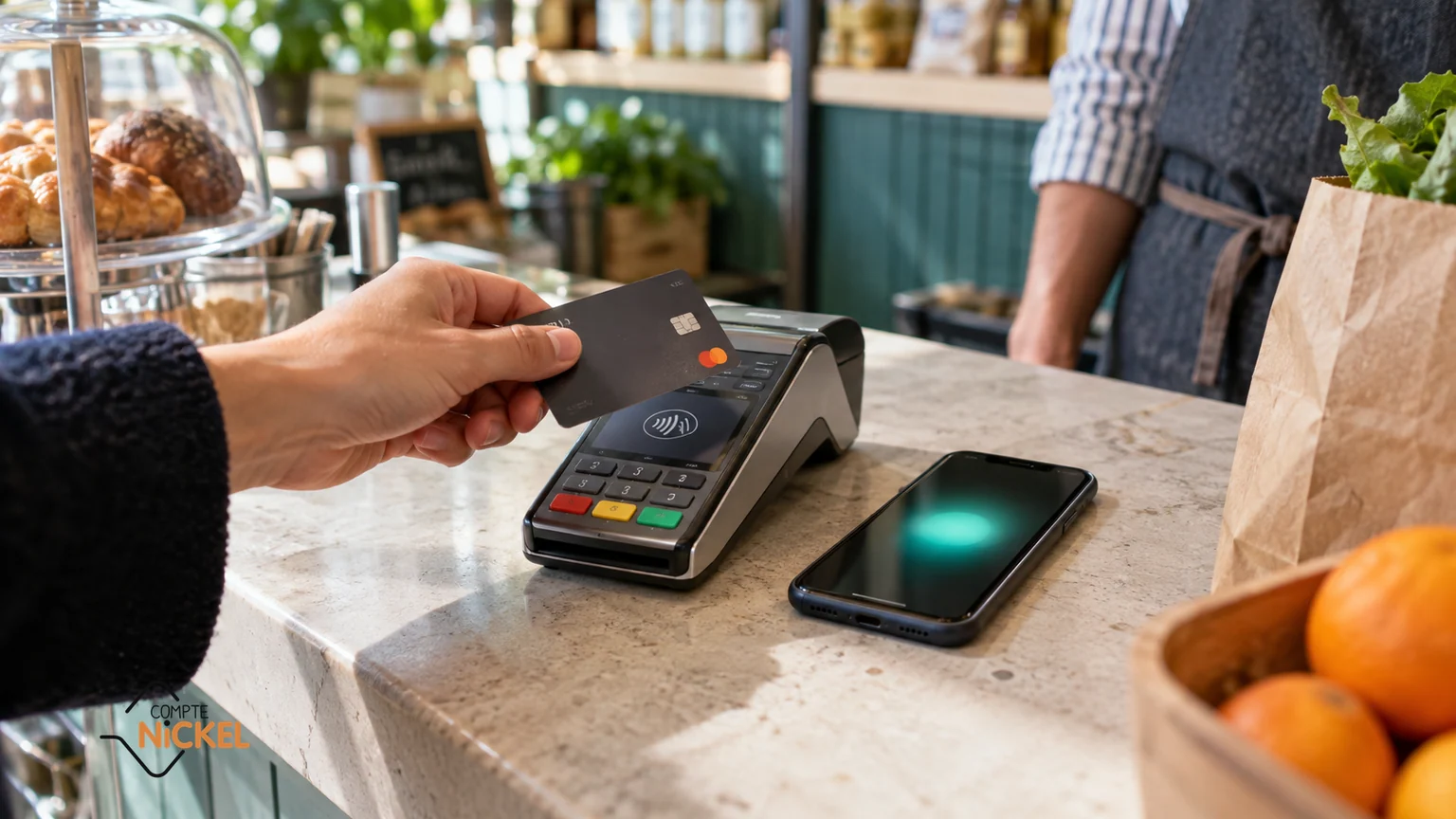 Nickel élargit ses services autour du compte de paiement — geste de paiement sans contact dans une épicerie française, terminal, carte et téléphone au comptoir.