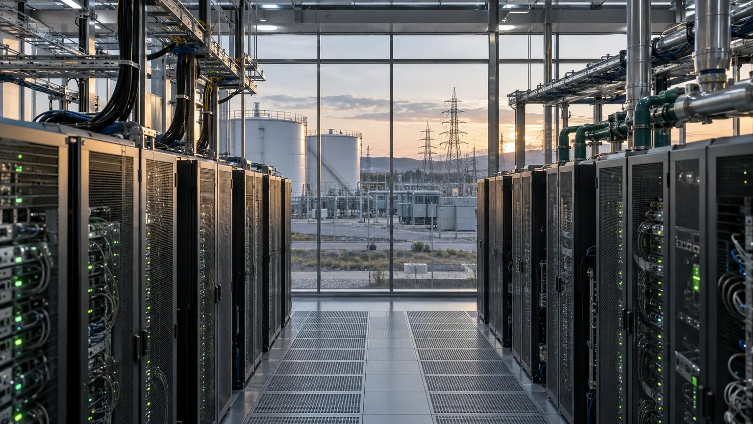 Croissance mondiale de l’OCDE — salle de serveurs reliée à des réservoirs d’énergie et à des lignes électriques, dans une lumière de fin de journée.