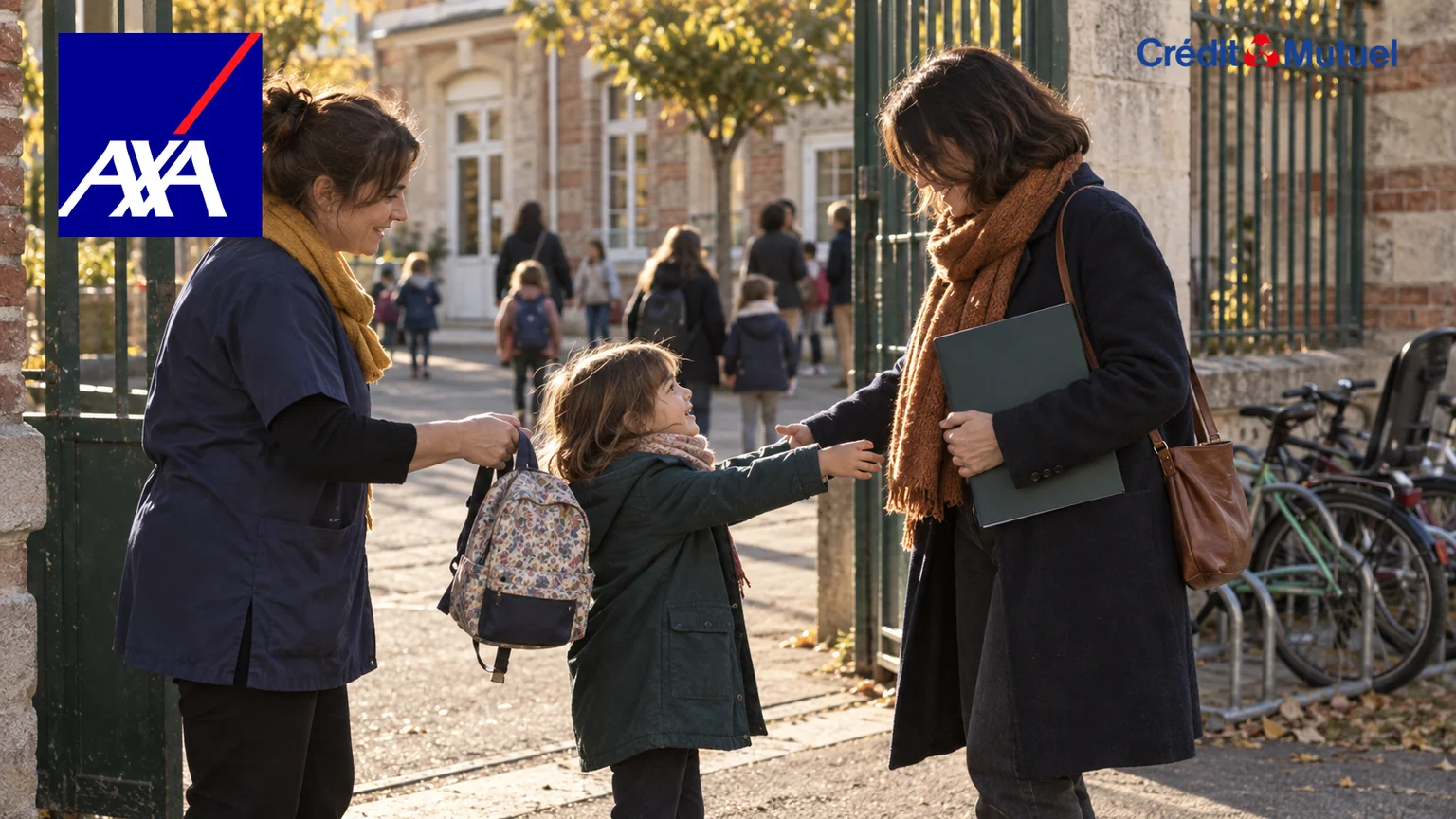Offres pour familles monoparentales — parent seul retrouvant son enfant auprès d’une intervenante devant une école française, dossier d’assurance en main.