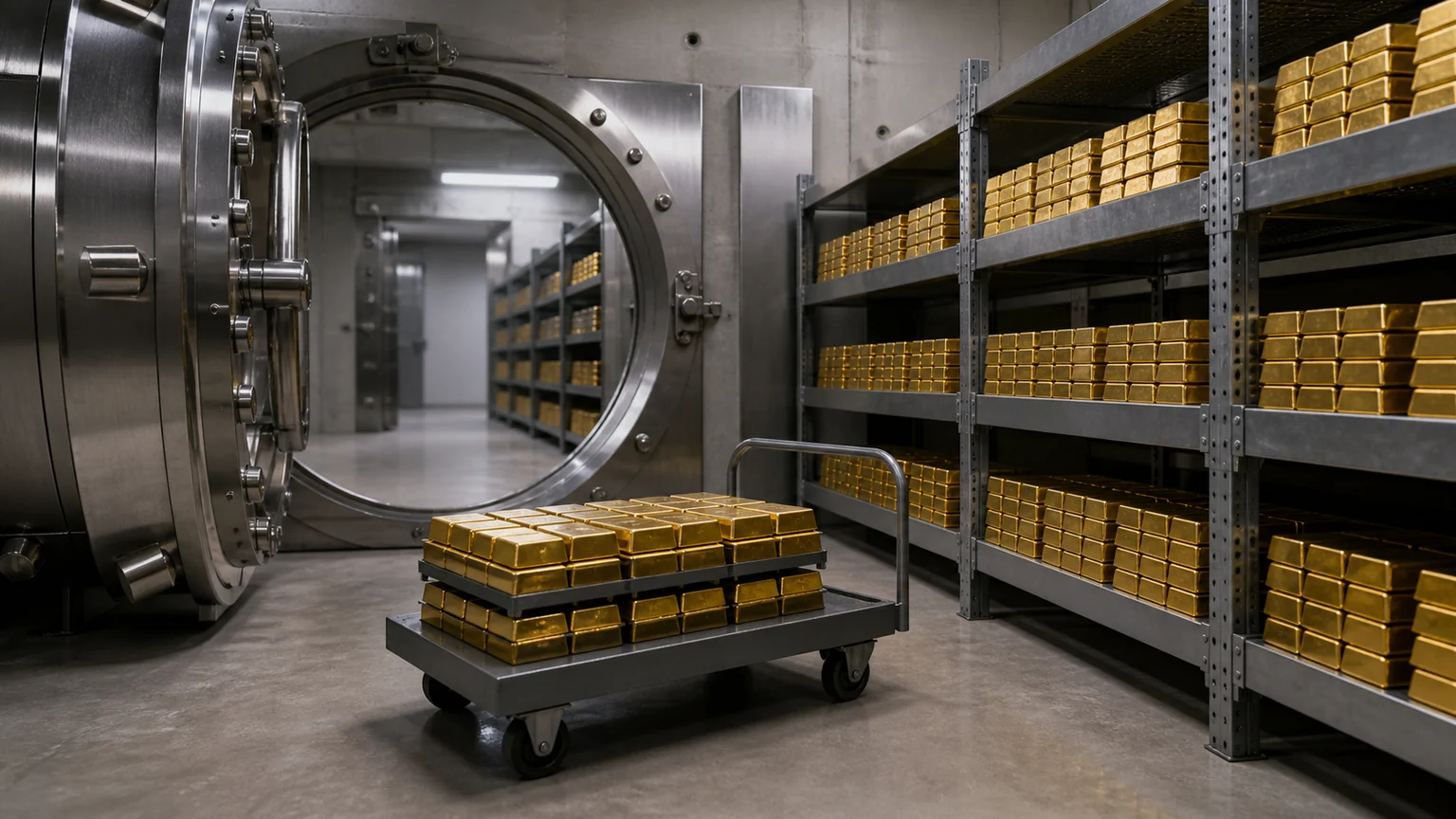 Pays-Bas relocalisent leur or à Londres — lingots normalisés sur chariot dans un coffre-fort bancaire aux rayonnages métalliques.