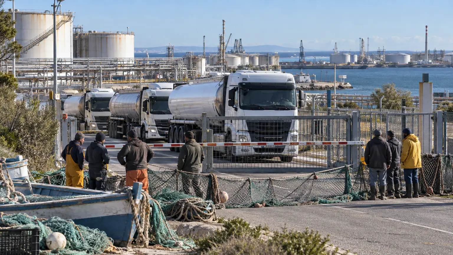 Pêcheurs mobilisés à Fos-sur-Mer — camions-citernes arrêtés devant une barrière, filets et embarcation de pêche au premier plan.