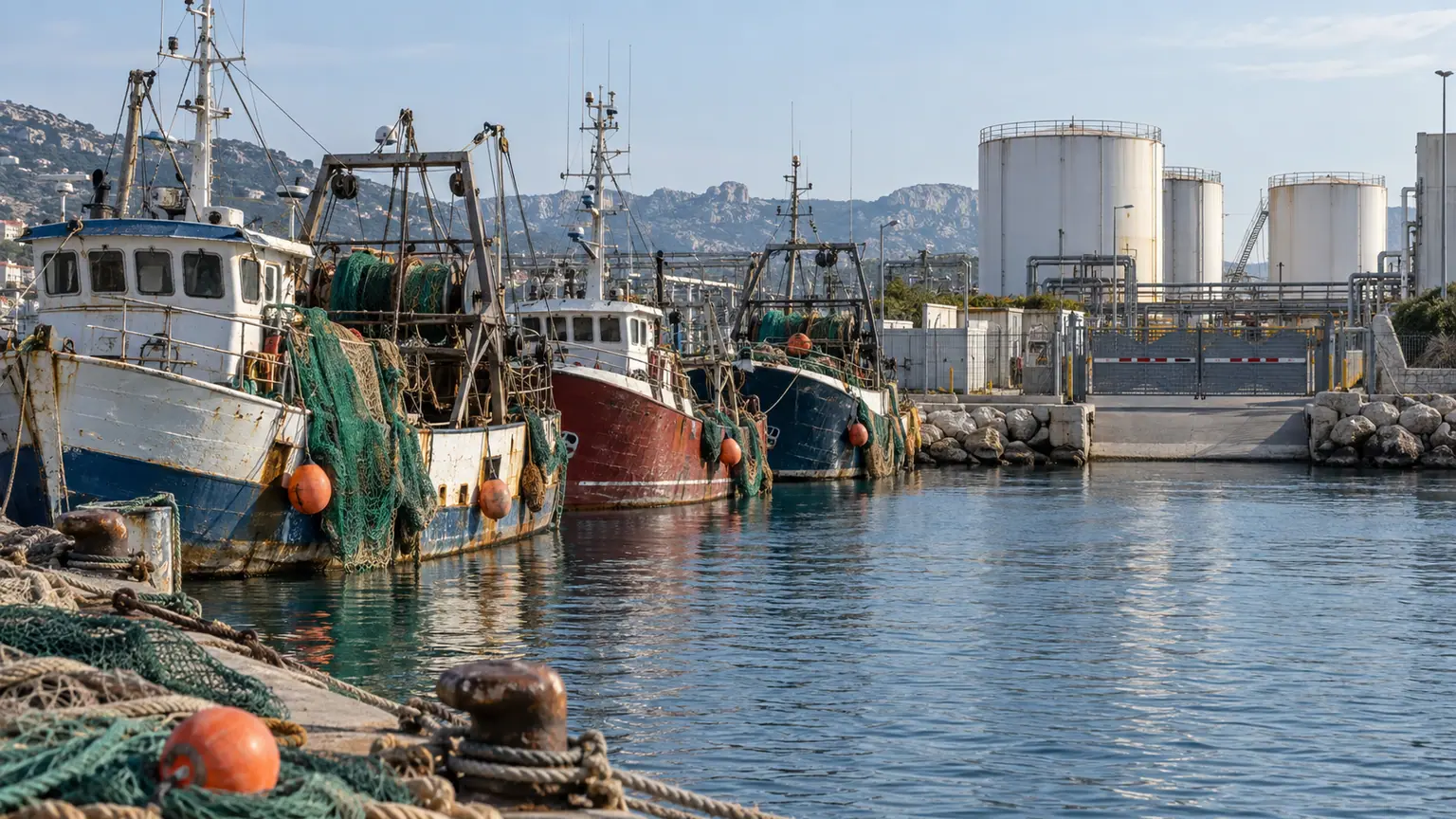 Carburant dans les ports de pêche — trois chalutiers amarrés devant le portail fermé d’un dépôt pétrolier méditerranéen.