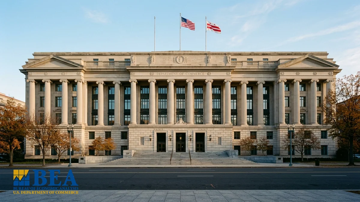 PIB américain au deuxième trimestre — façade néoclassique en pierre calcaire du département du Commerce à Washington et logo officiel du Bureau of Economic Analysis en bas à gauche.