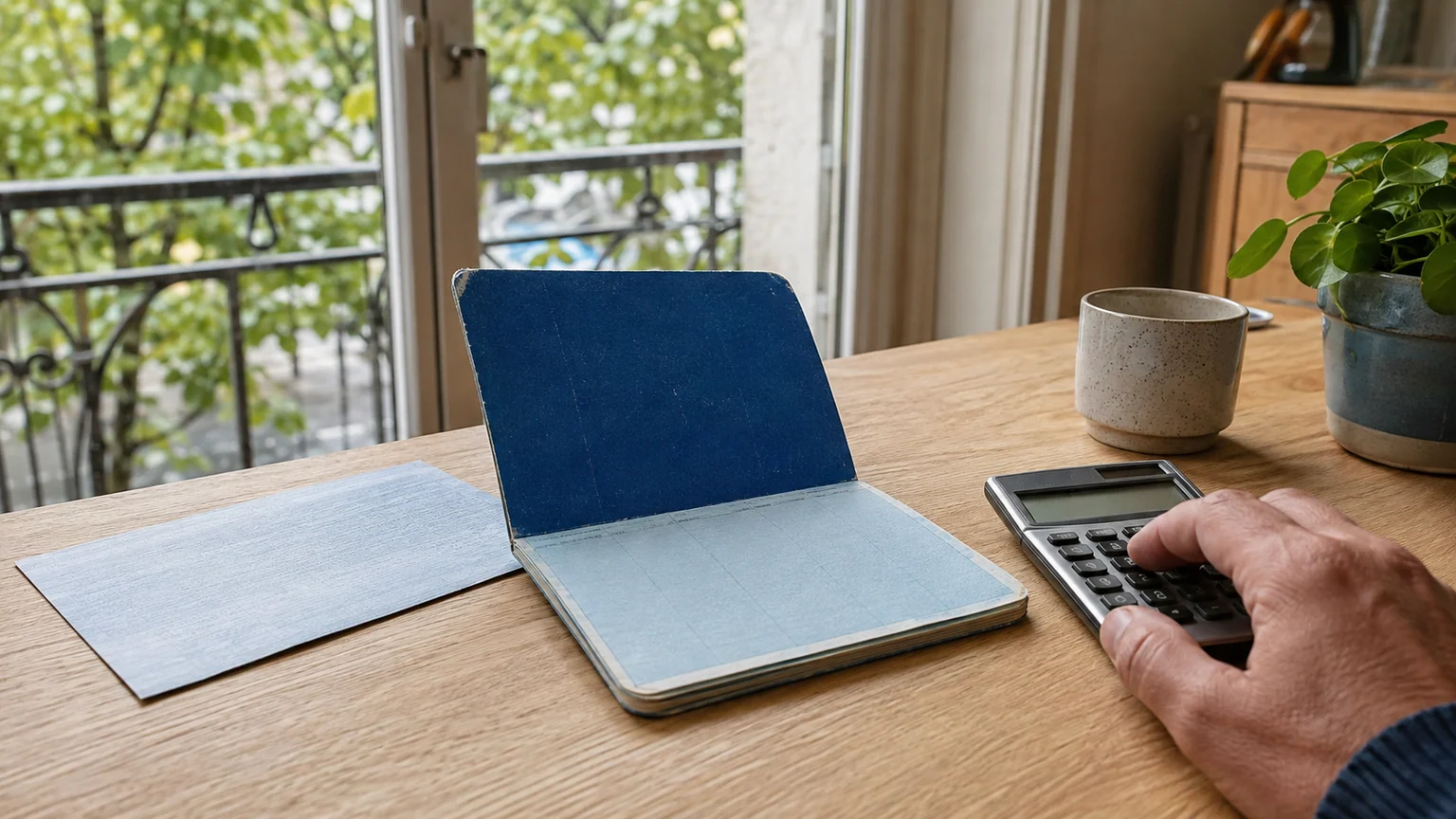 Plafond du Livret A encore inchangé — livret bleu ouvert sur une table en bois, main sur une calculatrice à écran vierge dans un appartement français lumineux.