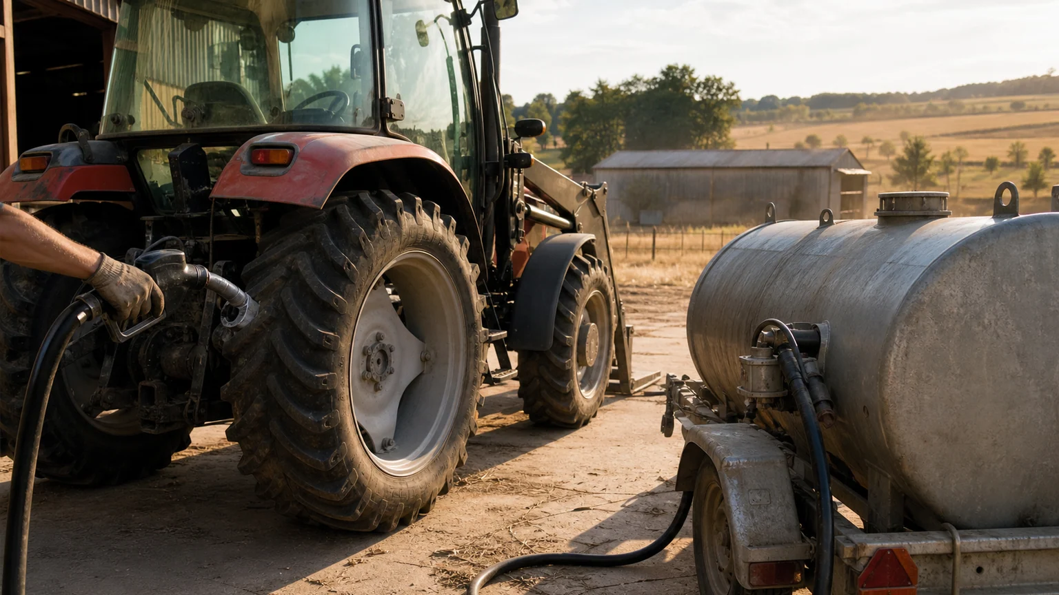 Plan d’aide aux agriculteurs — tracteur ravitaillé depuis une citerne de gazole non routier dans une exploitation française aux prairies desséchées.